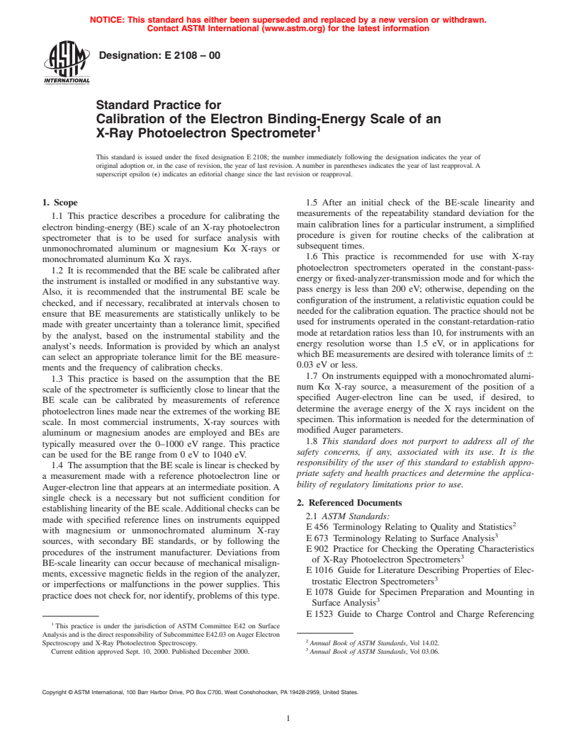 ASTM E2108-00 - Standard Practice for Calibration of the Electron Binding-Energy Scale of an X-Ray Photoelectron Spectrometer