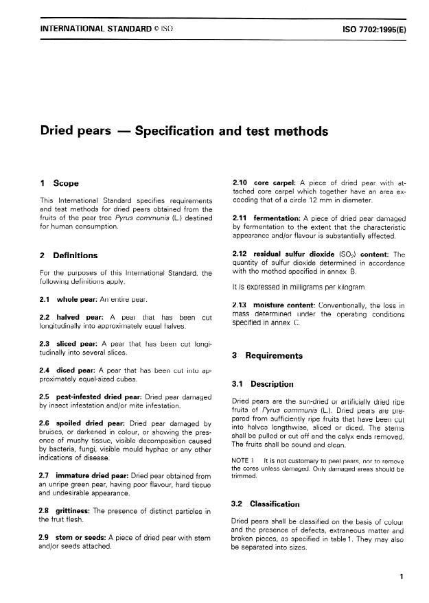 ISO 7702:1995 - Dried pears -- Specification and test methods