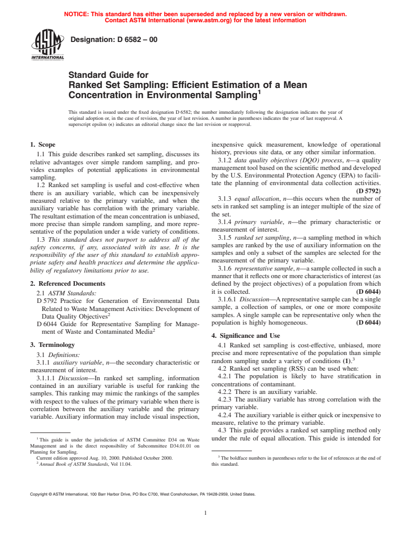 ASTM D6582-00 - Standard Guide for Ranked Set Sampling: Efficient Estimation of a Mean Concentration in Environmental Sampling