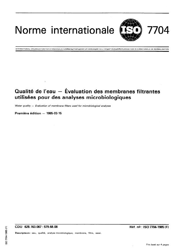 ISO 7704:1985 - Qualité de l'eau -- Évaluation des membranes filtrantes utilisées pour des analyses microbiologiques