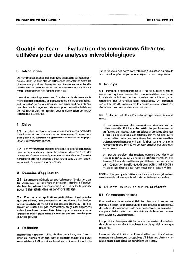 ISO 7704:1985 - Qualité de l'eau -- Évaluation des membranes filtrantes utilisées pour des analyses microbiologiques