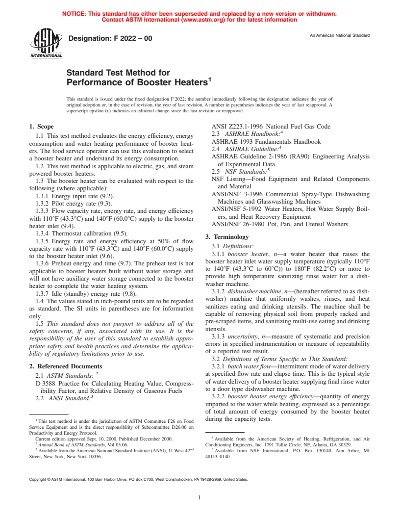 ASTM F2022-00 - Standard Test Method for Performance of Booster Heaters