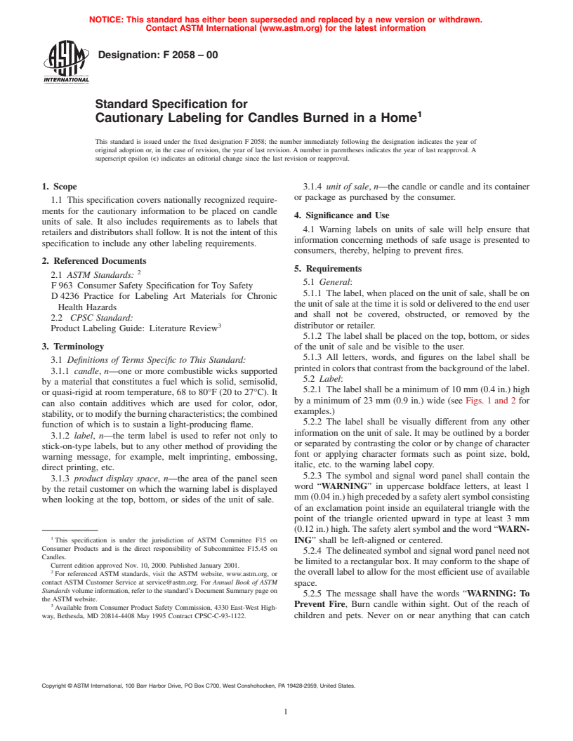 ASTM F2058-00 - Standard Specification for Cautionary Labeling for Candles Burned in a Home