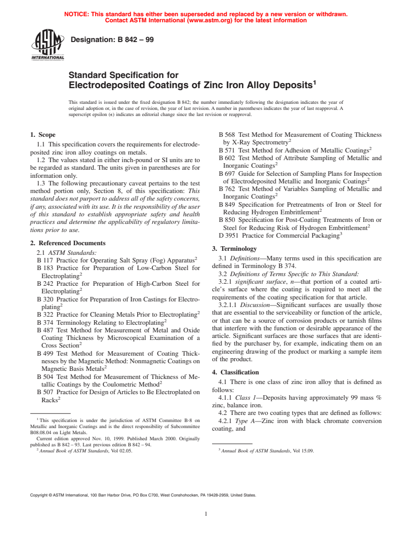 ASTM B842-99 - Standard Specification for Electrodeposited Coatings for Zinc Iron Alloy Deposits