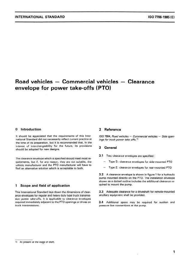 ISO 7706:1985 - Road vehicles -- Commercial vehicles -- Clearance envelope for power take-offs (PTO)