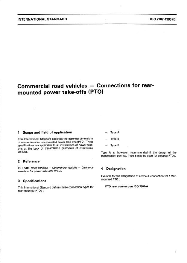 ISO 7707:1986 - Commercial road vehicles -- Connections for rear-mounted power take-offs (PTO)