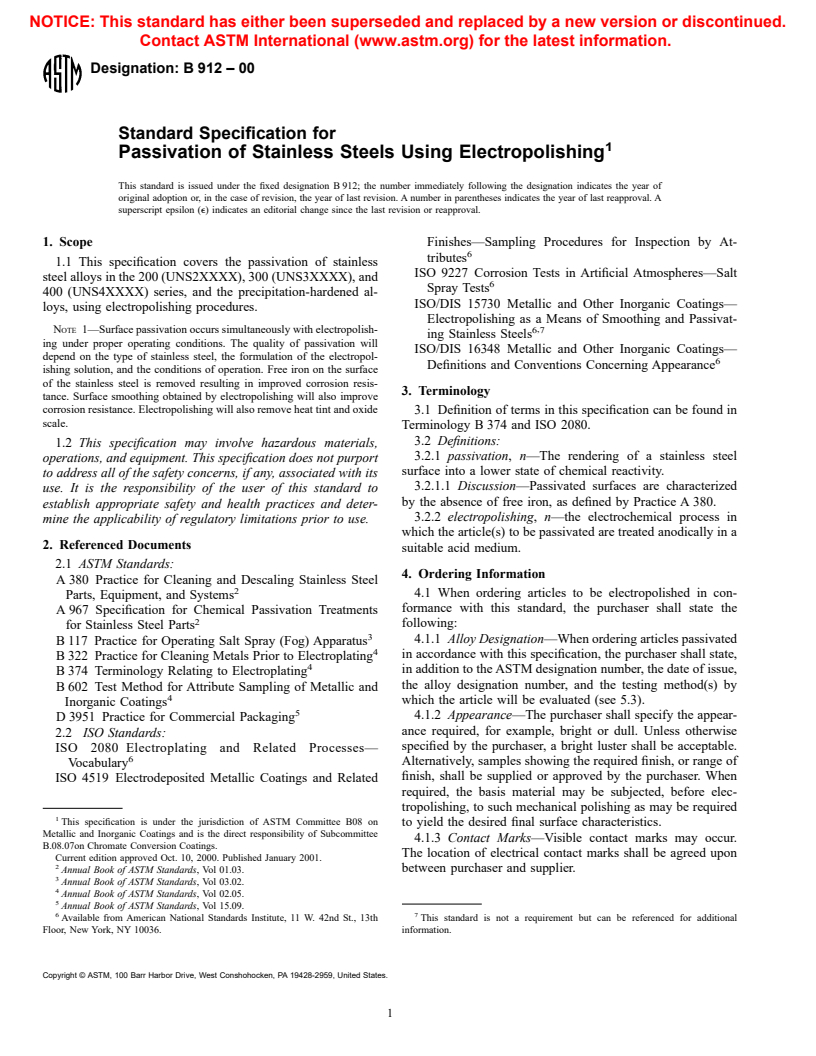 ASTM B912-00 - Standard Specification for Passivation of Stainless Steels Using Electropolishing