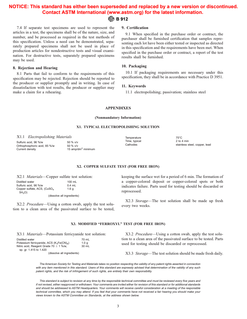 ASTM B912-00 - Standard Specification for Passivation of Stainless Steels Using Electropolishing