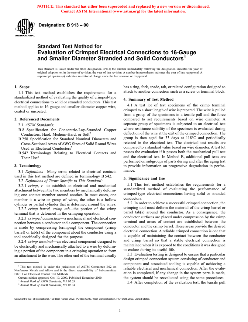 ASTM B913-00 - Standard Test Method for Evaluation of Crimped Electrical Connections to 16-Gauge and Smaller Diameter Stranded and Solid Conductors