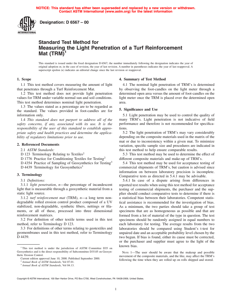 ASTM D6567-00 - Standard Test Method for Measuring the Light Penetration of a Turf Reinforcement Mat (TRM)