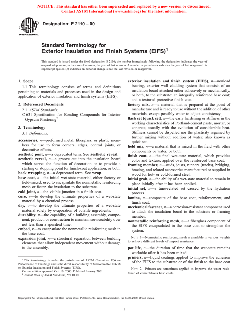 ASTM E2110-00 - Standard Terminology for Exterior Insulation and Finish Systems (EIFS)