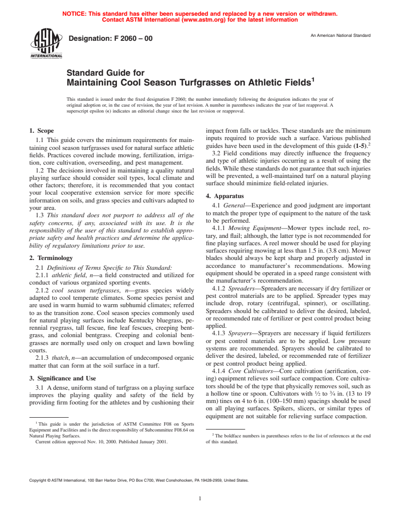 ASTM F2060-00 - Standard Guide for Maintaining Cool Season Turfgrasses on Athletic Fields