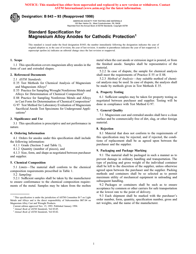 ASTM B843-93(1998) - Standard Specification for Magnesium Alloy Anodes for Cathodic Protection