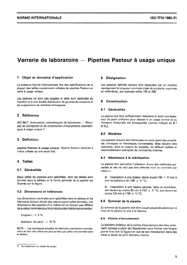 ISO 7712:1983 - Verrerie de laboratoire -- Pipettes Pasteur a usage unique