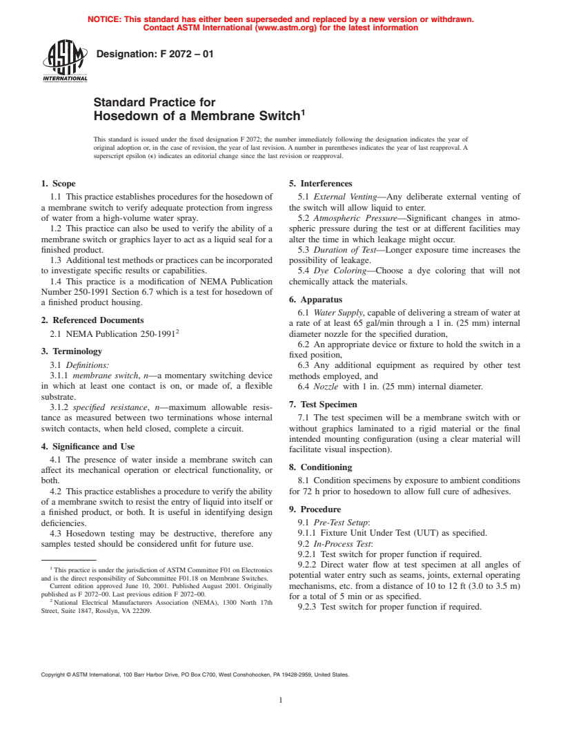 ASTM F2072-01 - Standard Practice for Hosedown of a Membrane Switch