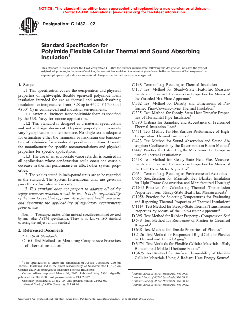 ASTM C1482-02 - Standard Specification for Polyimide Flexible Cellular Thermal and Sound Absorbing Insulation