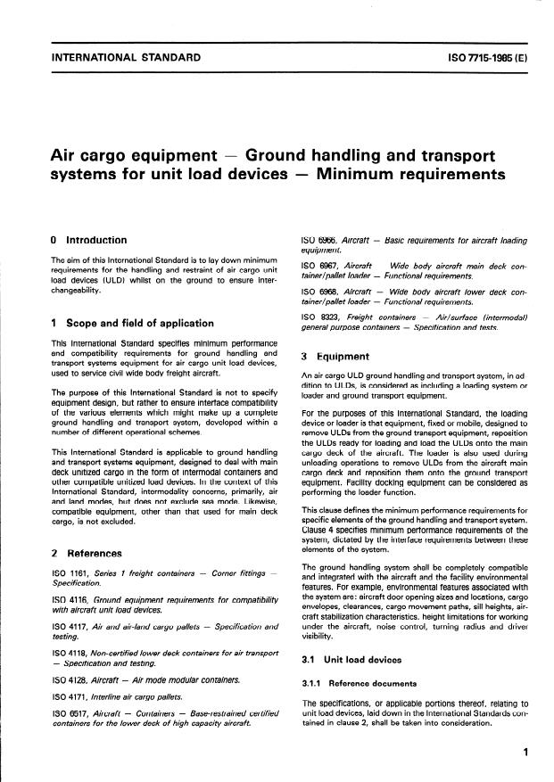 ISO 7715:1985 - Air cargo equipment -- Ground handling and transport systems for unit load devices -- Minimum requirements