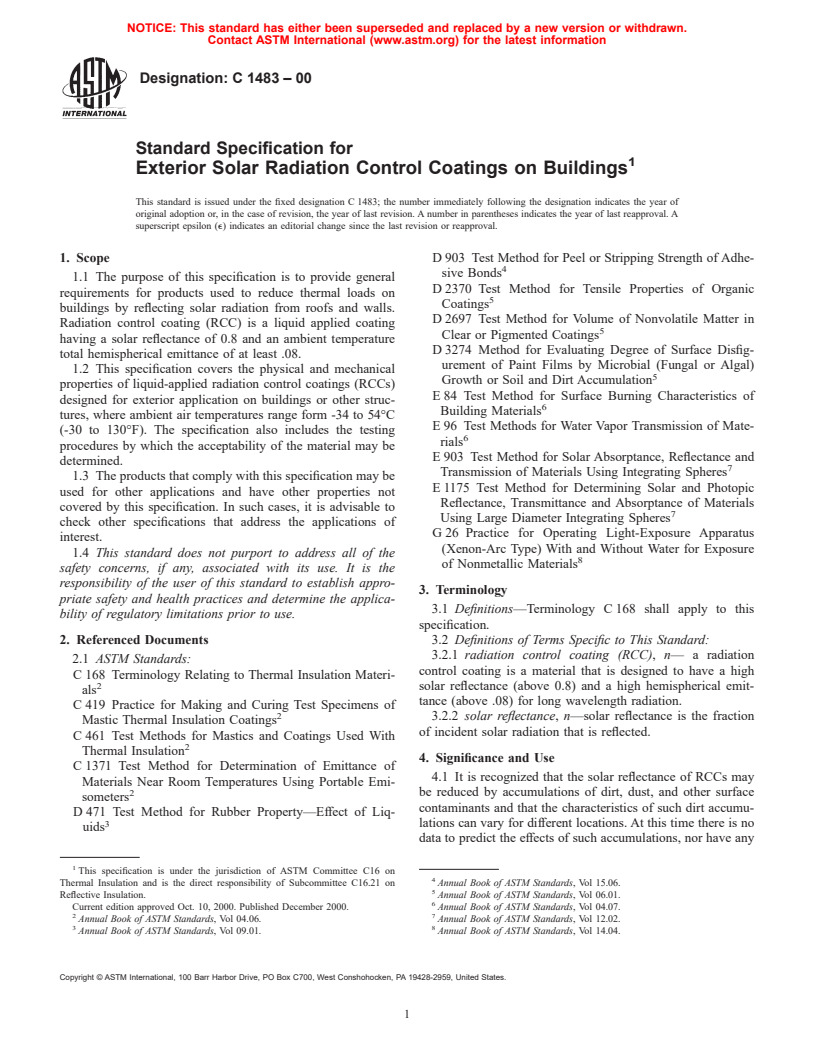 ASTM C1483-00 - Standard Specification for Exterior Solar Radiation Control Coatings on Buildings