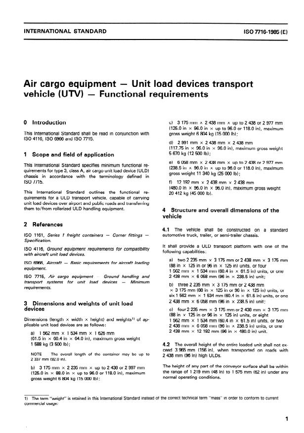 ISO 7716:1985 - Air cargo equipment -- Unit load devices transport vehicle (UTV) -- Functional requirements