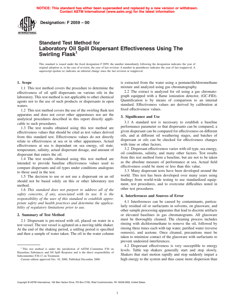 ASTM F2059-00 - Standard Test Method for Laboratory Oil Spill Dispersant Effectiveness Using The Swirling Flask