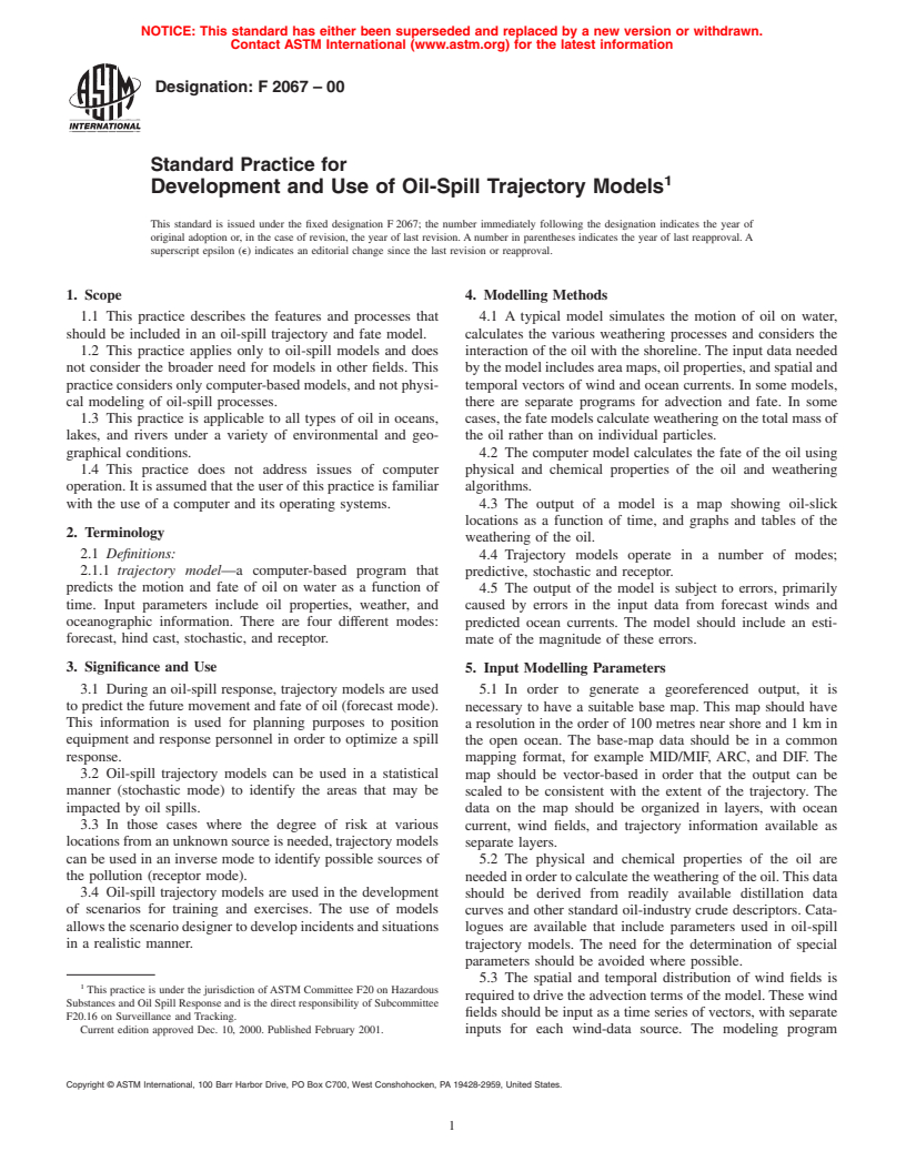 ASTM F2067-00 - Standard Practice for Development and Use of Oil-Spill Trajectory Models