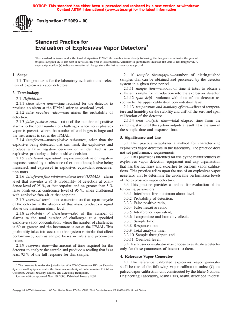 ASTM F2069-00 - Standard Practice for Evaluation of Explosives Vapor Detectors (Withdrawn 2009)