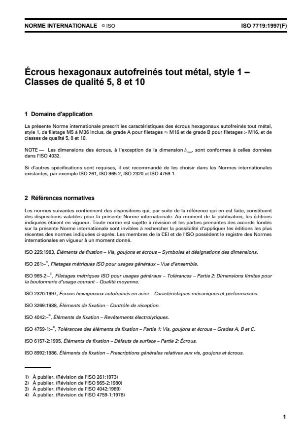 ISO 7719:1997 - Écrous hexagonaux autofreinés tout métal, style 1  -- Classes de qualité 5, 8 et 10