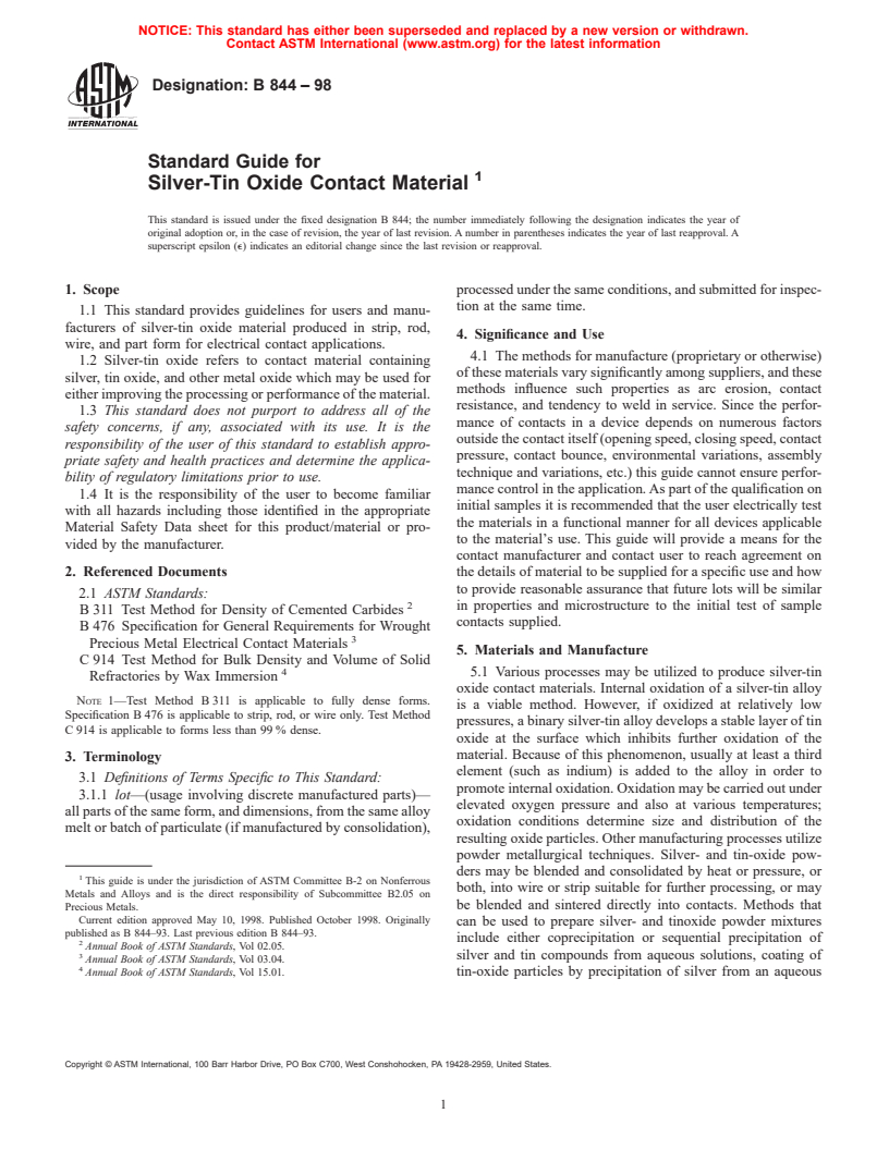 ASTM B844-98 - Standard Guide for Silver-Tin Oxide Contact Material