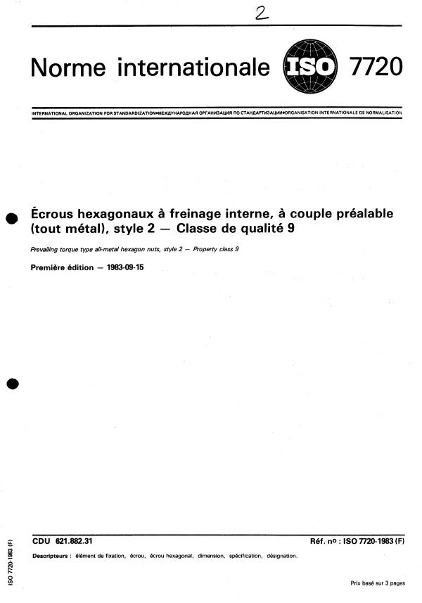 ISO 7720:1983 - Écrous hexagonaux a freinage interne, a couple préalable (tout métal), style 2 -- Classe de qualité 9