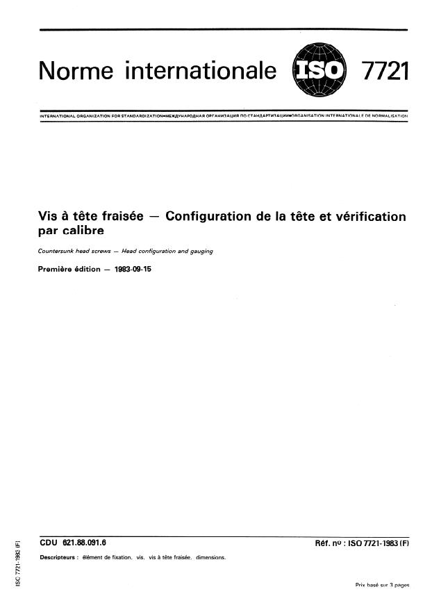 ISO 7721:1983 - Vis a tete fraisée -- Configuration de la tete et vérification par calibre