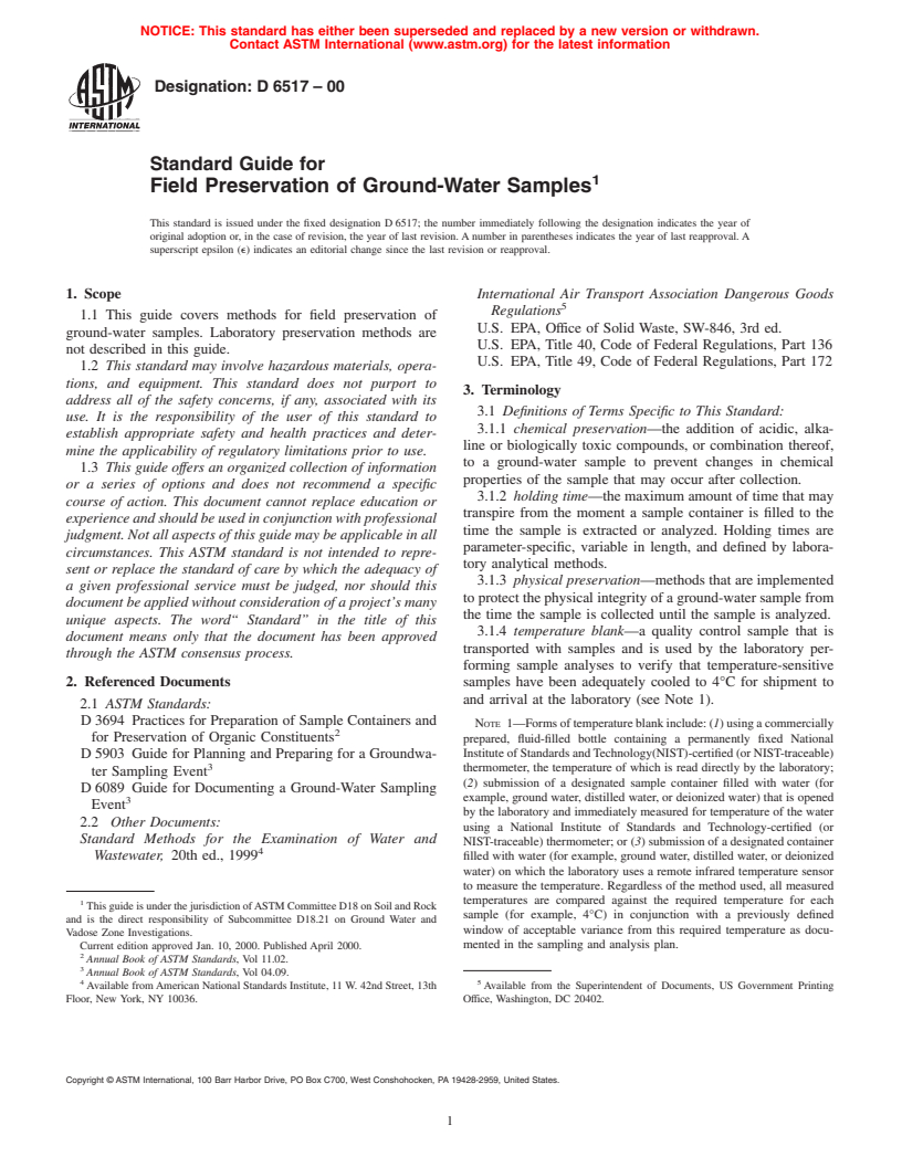 ASTM D6517-00 - Standard Guide for Field Preservation of Ground-Water Samples