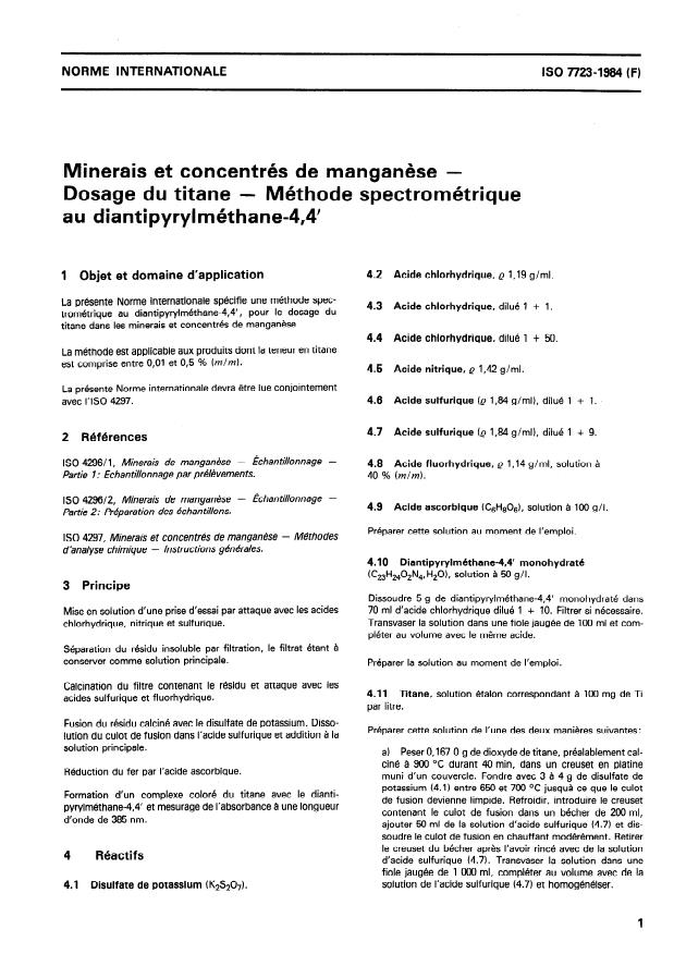 ISO 7723:1984 - Minerais et concentrés de manganese -- Dosage du titane -- Méthode spectrométrique au diantipyrylméthane-4,4'