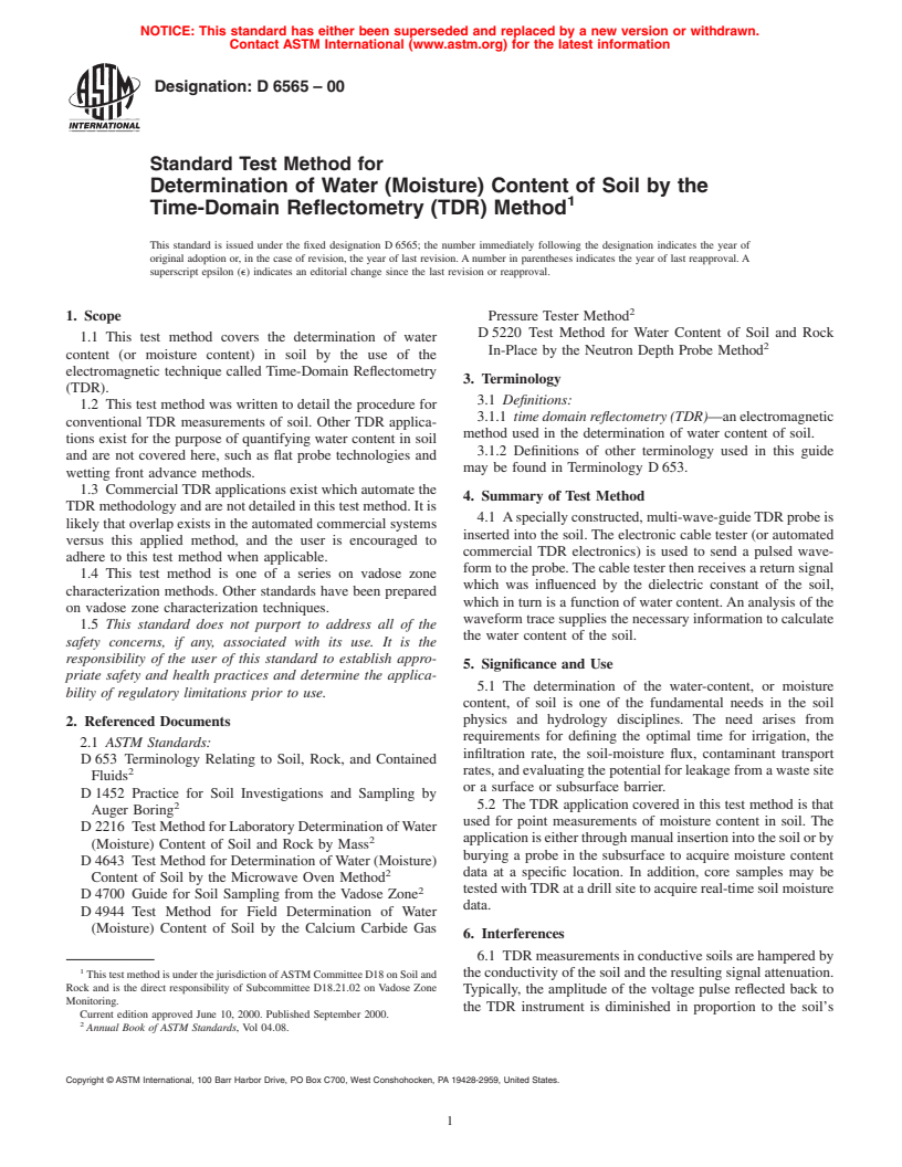 ASTM D6565-00 - Standard Test Method for Determination of Water (Moisture) Content of Soil by the Time-Domain Reflectometry (TDR) Method