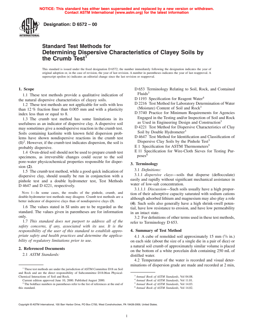 ASTM D6572-00 - Standard Test Methods for Determining Dispersive Characteristics of Clayey Soils by the Crumb Test