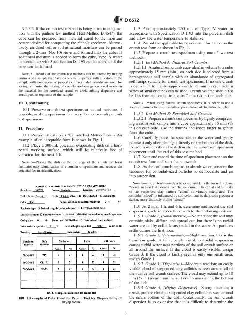 ASTM D6572-00 - Standard Test Methods for Determining Dispersive Characteristics of Clayey Soils by the Crumb Test