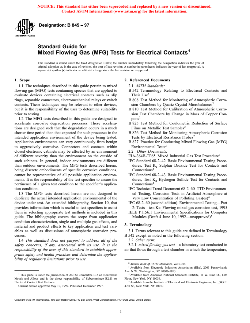 ASTM B845-97 - Standard Guide for Mixed Flowing Gas (MFG) Tests for Electrical Contacts