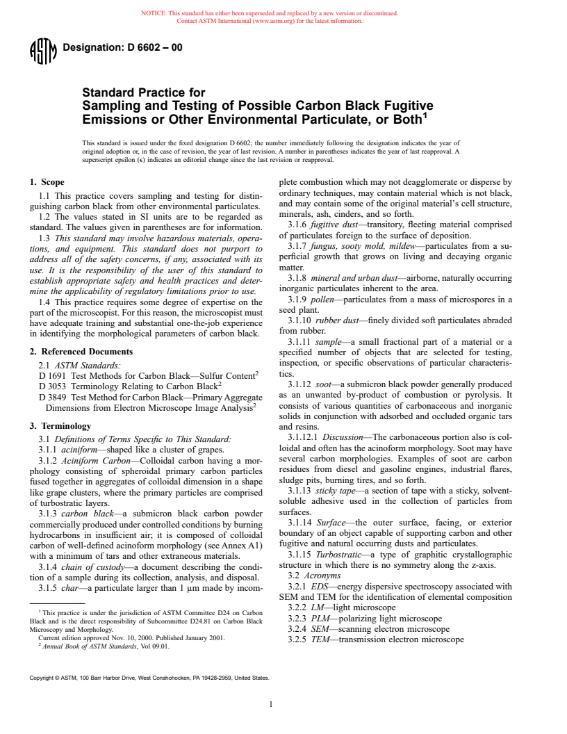 ASTM D6602-00 - Standard Practice for Sampling and Testing of Possible Carbon Black Fugitive Emissions or Other Environmental Particulate, or Both