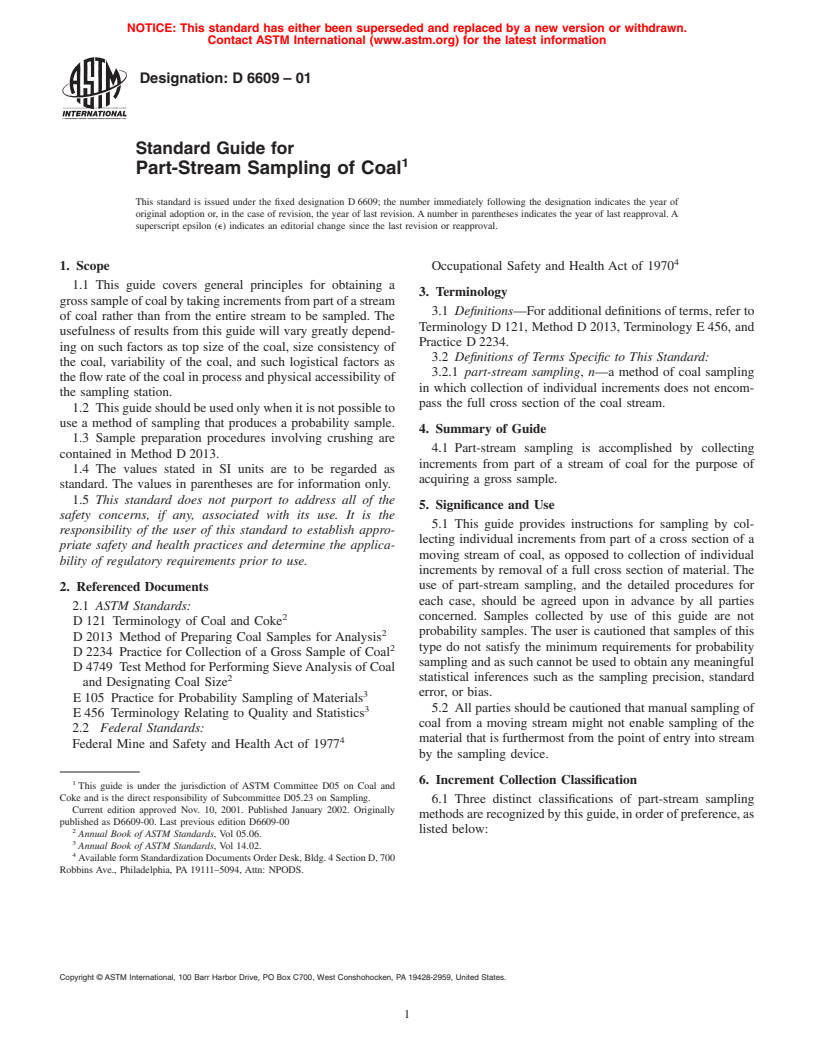 ASTM D6609-01 - Standard Guide for Part-Stream Sampling of Coal