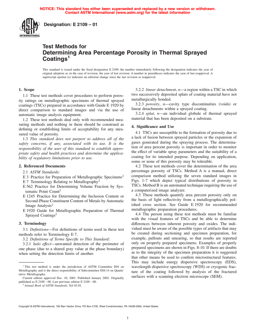 ASTM E2109-01 - Test Methods for Determining Area Percentage Porosity in Thermal Sprayed Coatings