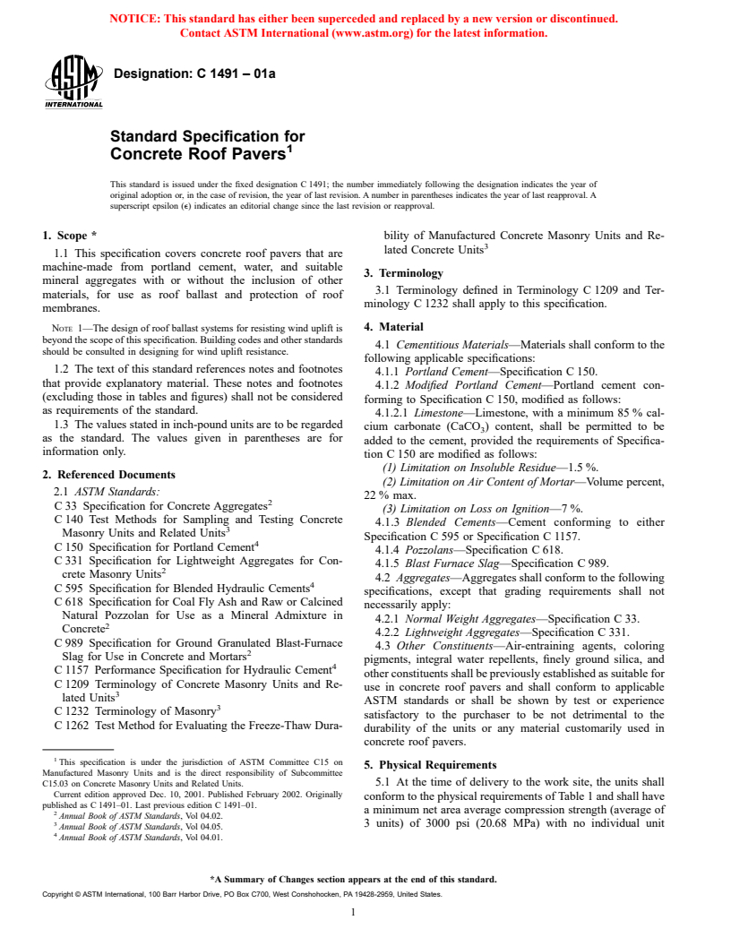 ASTM C1491-01a - Standard Specification for Concrete Roof Pavers