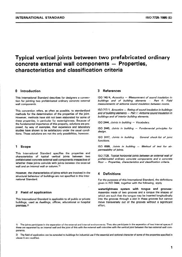 ISO 7729:1985 - Typical vertical joints between two prefabricated ordinary concrete external wall components -- Properties, characteristics and classification criteria
