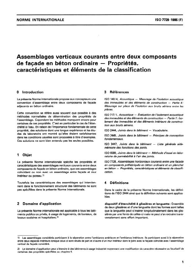 ISO 7729:1985 - Assemblages verticaux courants entre deux composants de façade en béton ordinaire -- Propriétés, caractéristiques et éléments de la classification