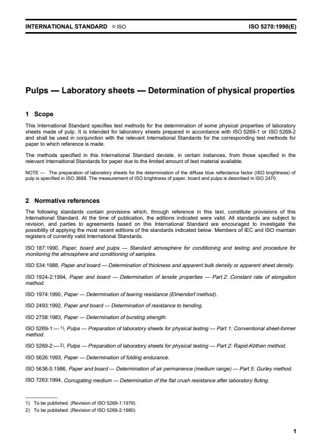 ISO 5270:1998 - Pulps -- Laboratory sheets -- Determination of physical properties