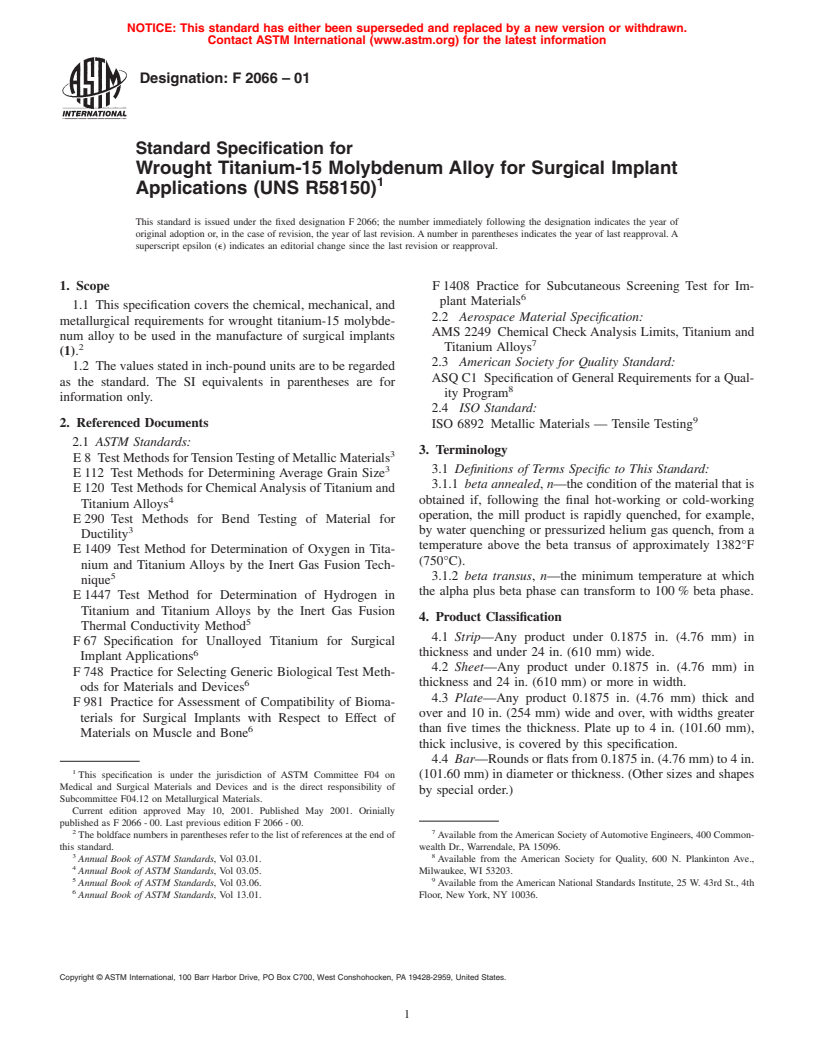 ASTM F2066-01 - Standard Specification for Wrought Titanium-15 Molybdenum Alloy for Surgical Implant Applications (UNS R58150)