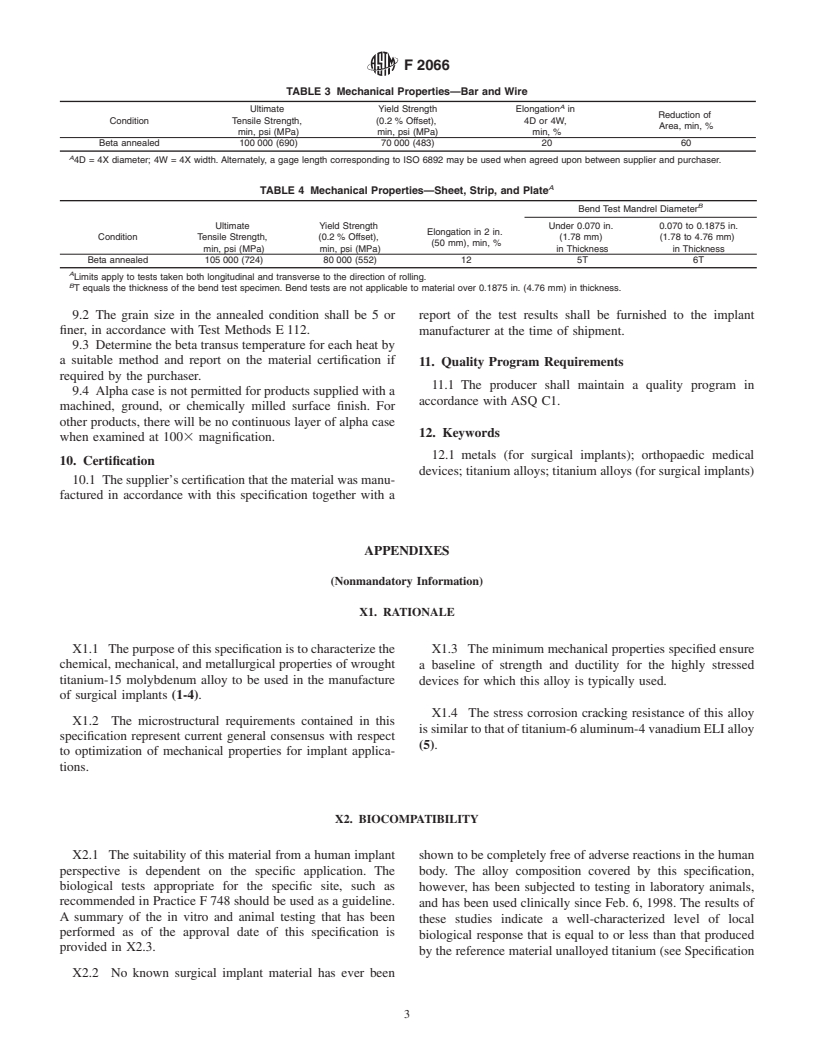 ASTM F2066-01 - Standard Specification for Wrought Titanium-15 Molybdenum Alloy for Surgical Implant Applications (UNS R58150)