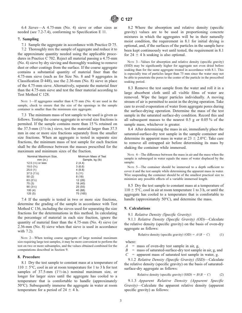 ASTM C127-01 - Standard Test Method for Density, Relative Density (Specific Gravity), and Absorption of Coarse Aggregate