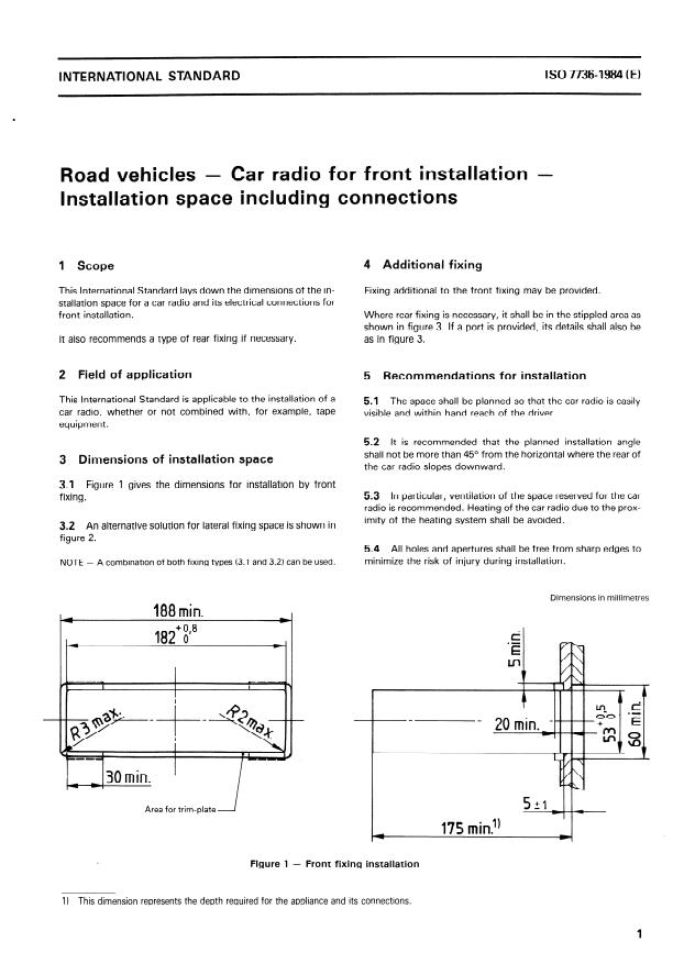 ISO 7736:1984 - Road vehicles -- Car radio for front installation -- Installation space including connections