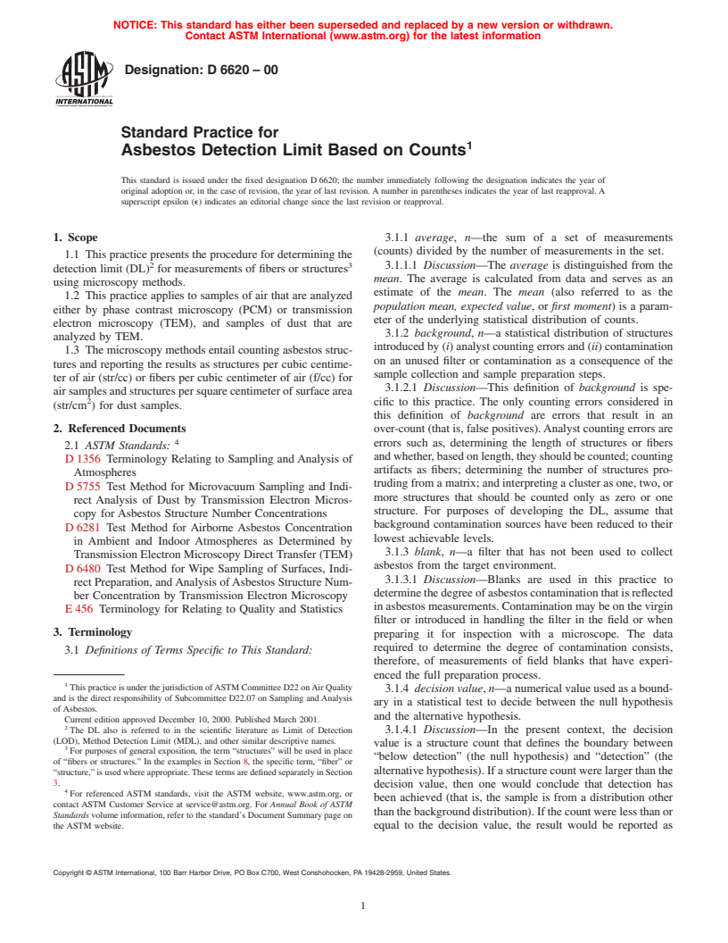 ASTM D6620-00 - Standard Practice for Asbestos Detection Limit Based on Counts