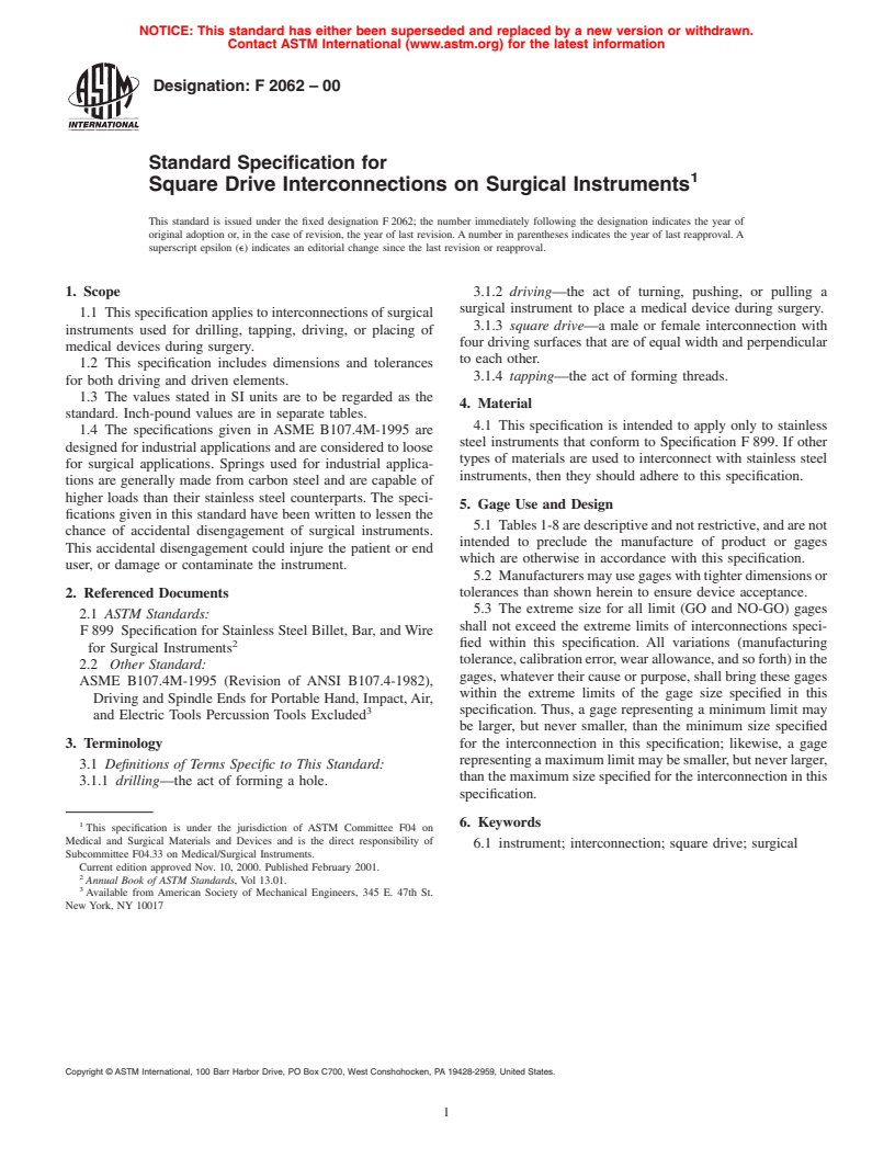 ASTM F2062-00 - Standard Specification for Square Drive Interconnections on Surgical Instruments