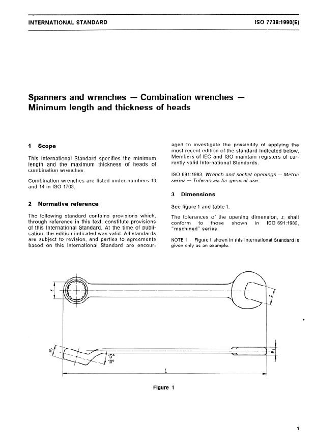 ISO 7738:1990 - Spanners and wrenches -- Combination wrenches -- Minimum length and thickness of heads